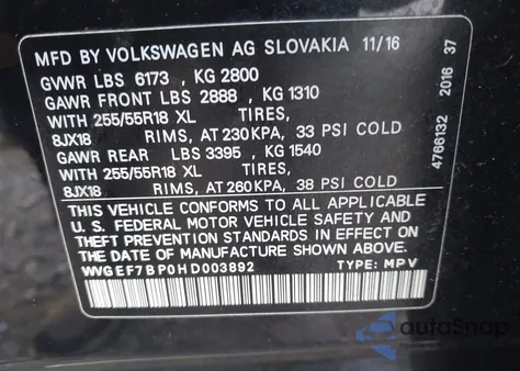 2017 Volkswagen Touareg V6 Sport z USA, uszkodzony, nr VIN WVGEF7BP0HD003892
